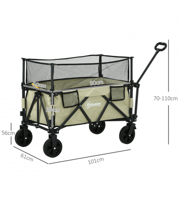 Outsunny 180L Folding Garden Trolley Wagon Cart w/ Extendable Side Walls, Khaki