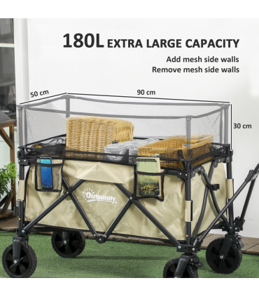Outsunny 180L Folding Garden Trolley Wagon Cart w/ Extendable Side Walls, Khaki