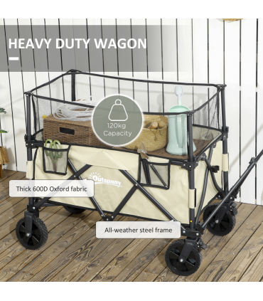 Outsunny 180L Folding Garden Trolley Wagon Cart w/ Extendable Side Walls, Khaki