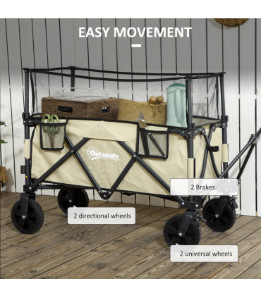 Outsunny 180L Folding Garden Trolley Wagon Cart w/ Extendable Side Walls, Khaki