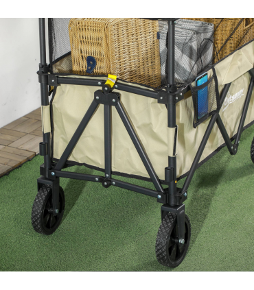 Outsunny 180L Folding Garden Trolley Wagon Cart w/ Extendable Side Walls, Khaki