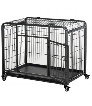 PawHut 69.5x94cm Metal Dog Cage Kennel w/ Locking Door & Wheels Medium Pets