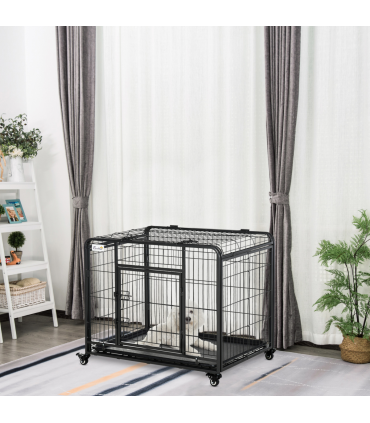 PawHut 69.5x94cm Metal Dog Cage Kennel w/ Locking Door & Wheels Medium Pets