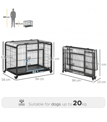 PawHut 69.5x94cm Metal Dog Cage Kennel w/ Locking Door & Wheels Medium Pets
