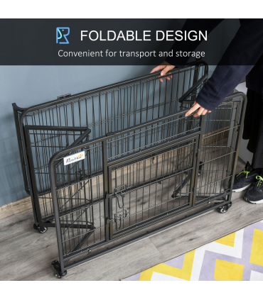 PawHut 69.5x94cm Metal Dog Cage Kennel w/ Locking Door & Wheels Medium Pets