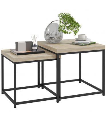 HOMCOM Coffee Table Set of 2, Nest of Tables with 3.5cm Thick Tabletop, Oak