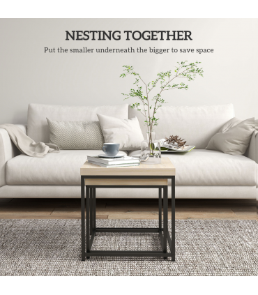 HOMCOM Coffee Table Set of 2, Nest of Tables with 3.5cm Thick Tabletop, Oak