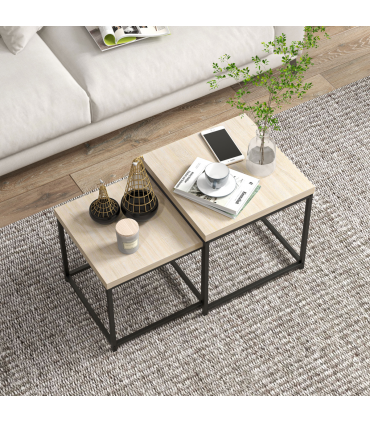 HOMCOM Coffee Table Set of 2, Nest of Tables with 3.5cm Thick Tabletop, Oak