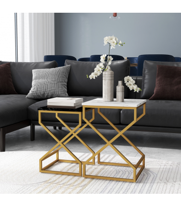 HOMCOM Nest Of Tables, Coffee Table Set with Steel Frame Black/White