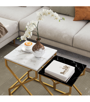 HOMCOM Nest Of Tables, Coffee Table Set with Steel Frame Black/White