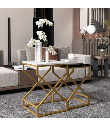 HOMCOM Nest Of Tables, Coffee Table Set with Steel Frame Black/White