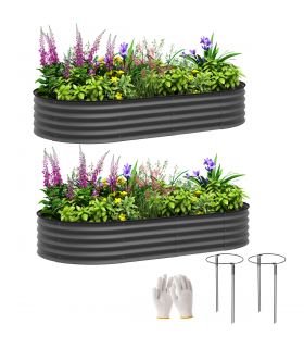Outsunny Set of 2 Raised Beds for Garden with Metal Plant Stakes, Dark Grey