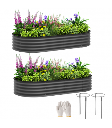 Outsunny Set of 2 Raised Beds for Garden with Metal Plant Stakes, Dark Grey