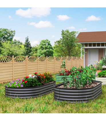 Outsunny Set of 2 Raised Beds for Garden with Metal Plant Stakes, Dark Grey