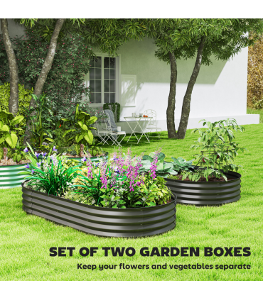 Outsunny Set of 2 Raised Beds for Garden with Metal Plant Stakes, Dark Grey