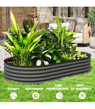 Outsunny Set of 2 Raised Beds for Garden with Metal Plant Stakes, Dark Grey