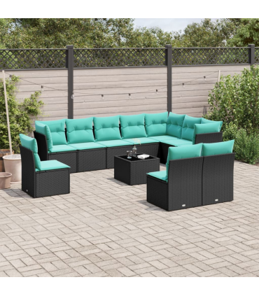 vidaXL 11 Piece Garden Sofa Set with Cushions Black Poly Rattan