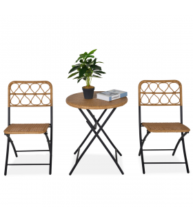 Garden & Patio 3 PCS Rattan Wicker Set Natural wood finish 60cm x 60cm x 71cm