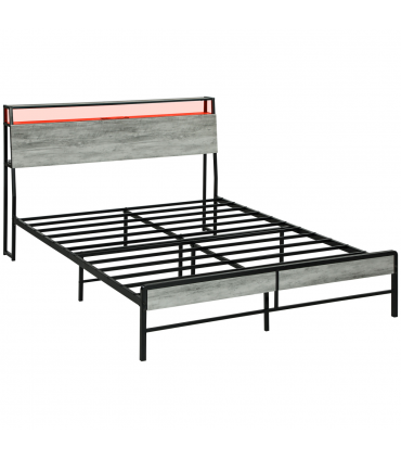 HOMCOM LED Double Bed Frame with Charging Station, 135 x 190cm, Cement Grey