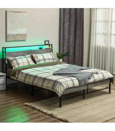 HOMCOM LED Double Bed Frame with Charging Station, 135 x 190cm, Cement Grey