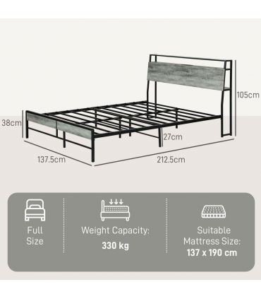 HOMCOM LED Double Bed Frame with Charging Station, 135 x 190cm, Cement Grey