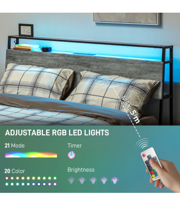 HOMCOM LED Double Bed Frame with Charging Station, 135 x 190cm, Cement Grey