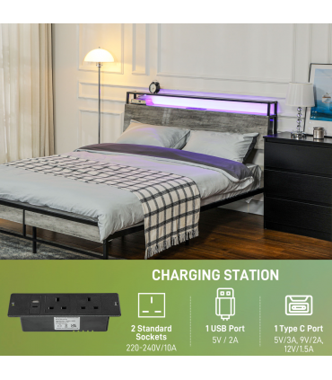 HOMCOM LED Double Bed Frame with Charging Station, 135 x 190cm, Cement Grey