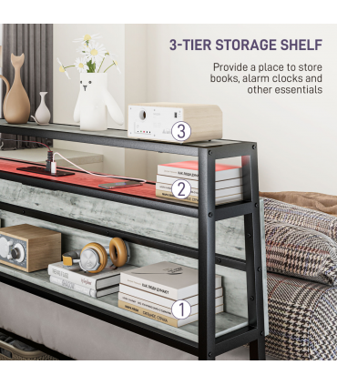 HOMCOM LED Double Bed Frame with Charging Station, 135 x 190cm, Cement Grey