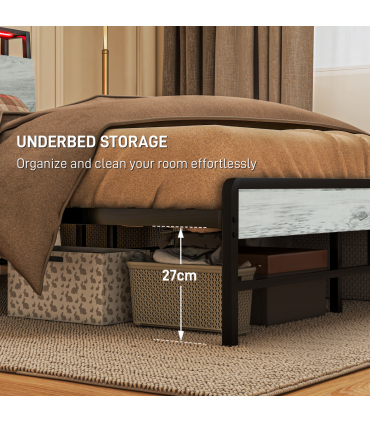 HOMCOM LED Double Bed Frame with Charging Station, 135 x 190cm, Cement Grey