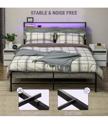 HOMCOM LED Double Bed Frame with Charging Station, 135 x 190cm, Cement Grey