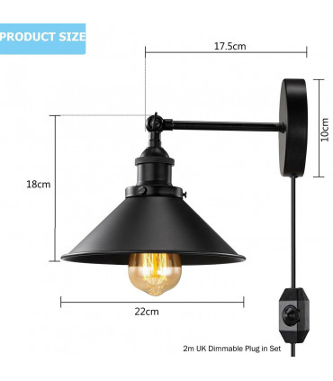Wall Light Black Metal + PVC Modern Plugin Cone Shade Sconce Light 22cm 10cm