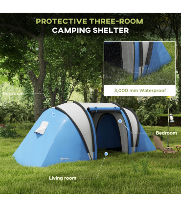 Outsunny 2 Bedroom Camping Tent with Living Area, 3000mm Waterproof, Blue