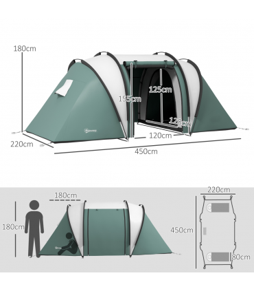 Outsunny 2 Bedroom Camping Tent with Living Area, 3000mm Waterproof, Green