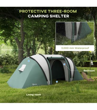 Outsunny 2 Bedroom Camping Tent with Living Area, 3000mm Waterproof, Green