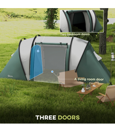 Outsunny 2 Bedroom Camping Tent with Living Area, 3000mm Waterproof, Green
