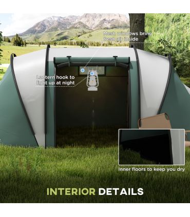 Outsunny 2 Bedroom Camping Tent with Living Area, 3000mm Waterproof, Green