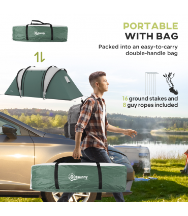 Outsunny 2 Bedroom Camping Tent with Living Area, 3000mm Waterproof, Green