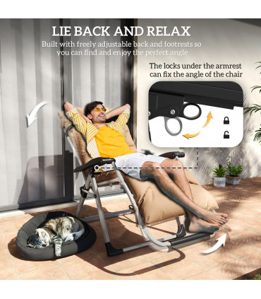 Outsunny 2 PCS Reclining Zero Gravity Chair Folding Lounger Cushion Khaki