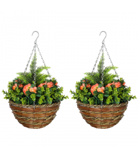 Outsunny 2 PCs Artificial Lisianthus Flower Hanging Planter Basket Orange