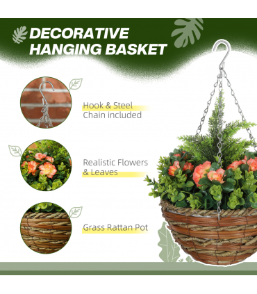 Outsunny 2 PCs Artificial Lisianthus Flower Hanging Planter Basket Orange