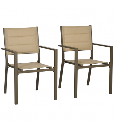 Outsunny 2 PCs Dining Chairs, Stackable Design Aluminium Outdoor Armchairs Khaki