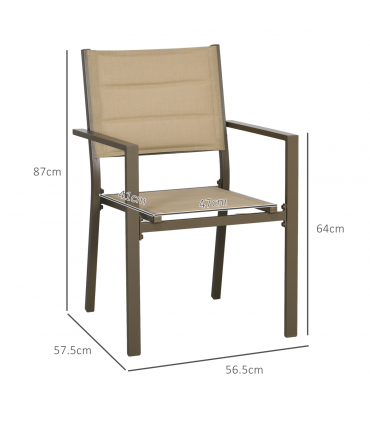Outsunny 2 PCs Dining Chairs, Stackable Design Aluminium Outdoor Armchairs Khaki