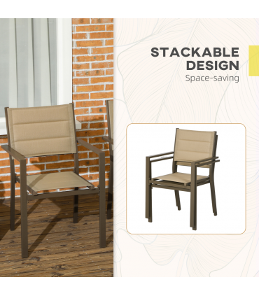 Outsunny 2 PCs Dining Chairs, Stackable Design Aluminium Outdoor Armchairs Khaki