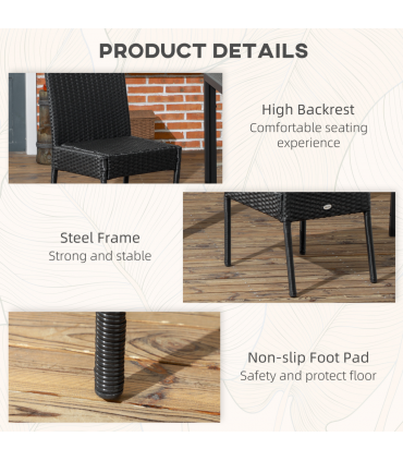 Outsunny 2 PCs Rattan Garden Chairs with Cushion, Wicker Dining Chairs, Black