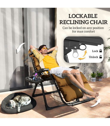 Outsunny 2 Pieces Zero Gravity Chairs, Reclining Folding Sun Lounger, Brown