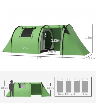 Outsunny 2 Room Camping Family Tent for 3-4 Man, 3000mm Waterproof, Green