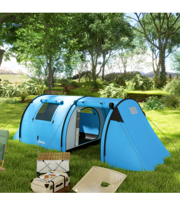 Outsunny 2 Room Camping Family Tent for 3-4 Man, 3000mm Waterproof, Sky Blue