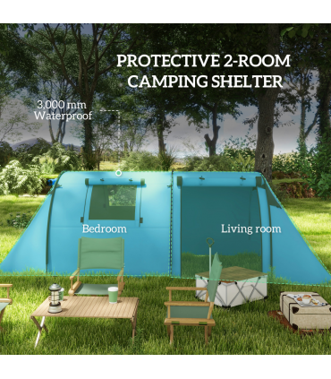 Outsunny 2 Room Camping Family Tent for 3-4 Man, 3000mm Waterproof, Sky Blue