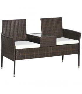 Outsunny 2 Seat Rattan Garden Bench with Padded Cushions, Brown/ Cream White