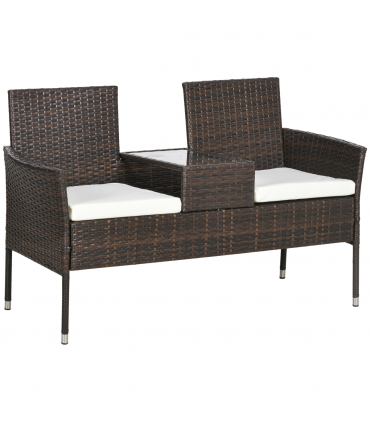 Outsunny 2 Seat Rattan Garden Bench with Padded Cushions, Brown/ Cream White